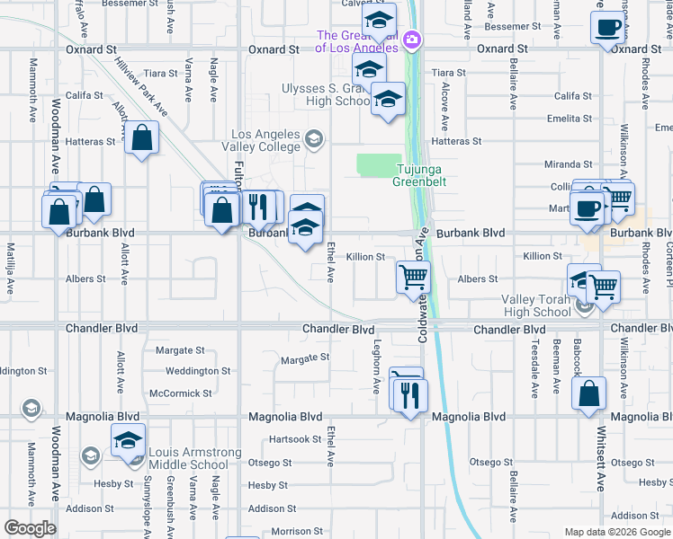 map of restaurants, bars, coffee shops, grocery stores, and more near 5450 Ethel Avenue in Los Angeles