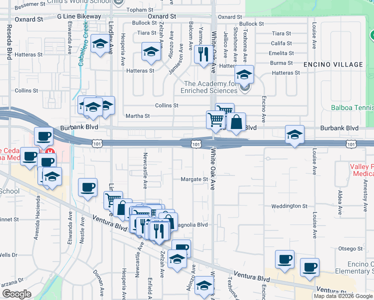 map of restaurants, bars, coffee shops, grocery stores, and more near 5461 Yarmouth Avenue in Los Angeles