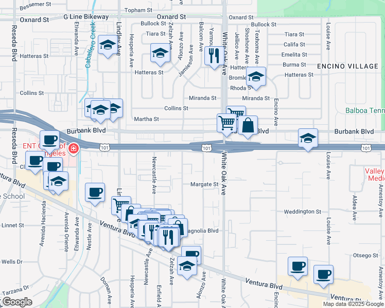 map of restaurants, bars, coffee shops, grocery stores, and more near 5461 Yarmouth Avenue in Los Angeles