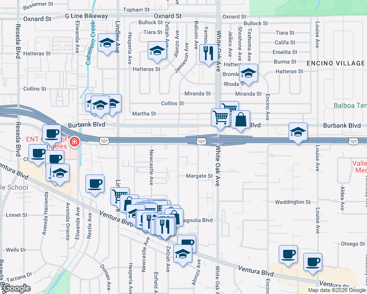 map of restaurants, bars, coffee shops, grocery stores, and more near 17824 Killion Street in Los Angeles