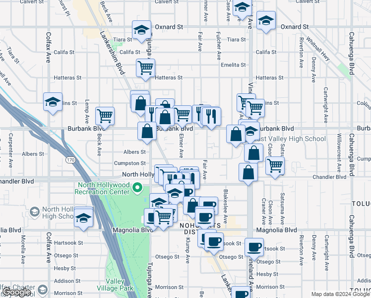 map of restaurants, bars, coffee shops, grocery stores, and more near 5524 Elmer Avenue in Los Angeles
