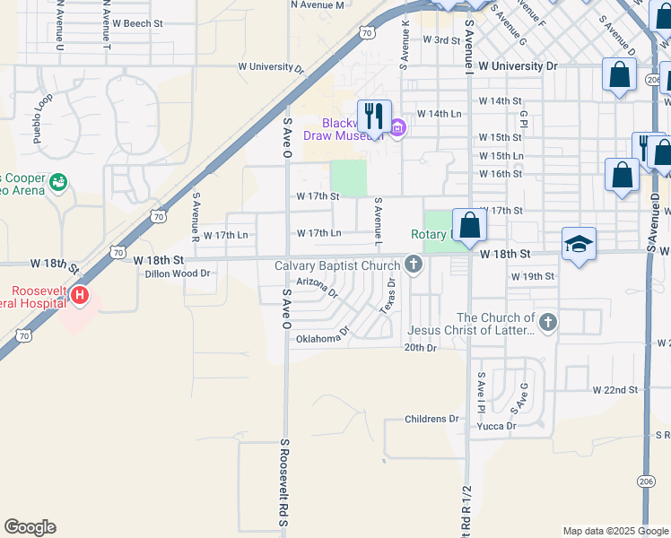 map of restaurants, bars, coffee shops, grocery stores, and more near 108 Colorado Drive in Portales