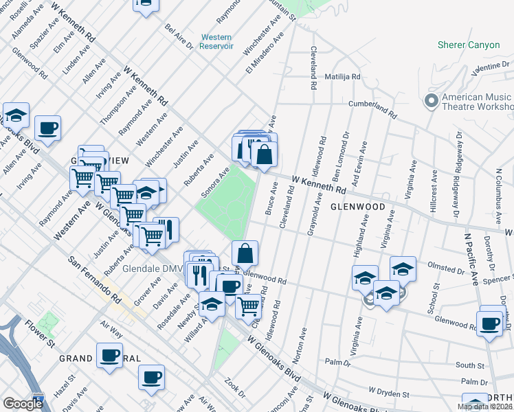 map of restaurants, bars, coffee shops, grocery stores, and more near 1402 Grandview Avenue in Glendale