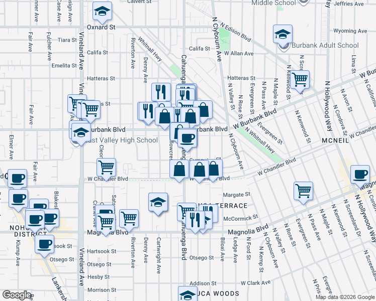 map of restaurants, bars, coffee shops, grocery stores, and more near 5441 Auckland Avenue in Los Angeles
