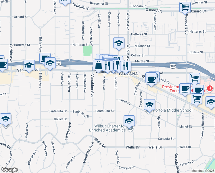 map of restaurants, bars, coffee shops, grocery stores, and more near 5430 Donna Avenue in Los Angeles