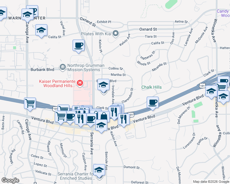 map of restaurants, bars, coffee shops, grocery stores, and more near 5446 Irondale Avenue in Los Angeles