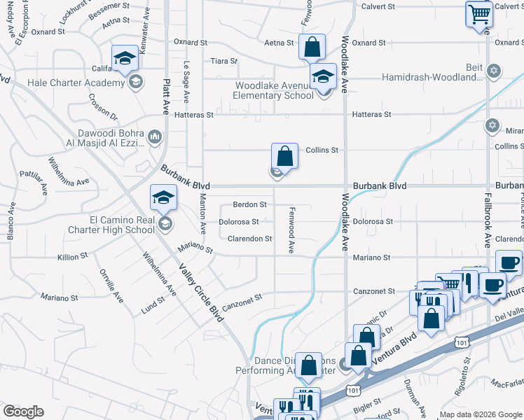map of restaurants, bars, coffee shops, grocery stores, and more near 5451 Sadring Avenue in Los Angeles