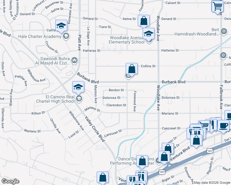 map of restaurants, bars, coffee shops, grocery stores, and more near 23440 Dolorosa Street in Los Angeles