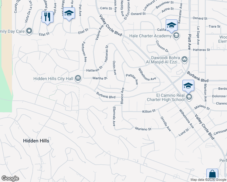 map of restaurants, bars, coffee shops, grocery stores, and more near 24301 Burbank Boulevard in Los Angeles