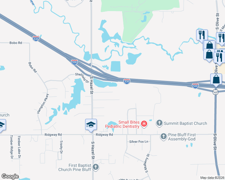 map of restaurants, bars, coffee shops, grocery stores, and more near 2010 Windsor Colony Drive in Pine Bluff