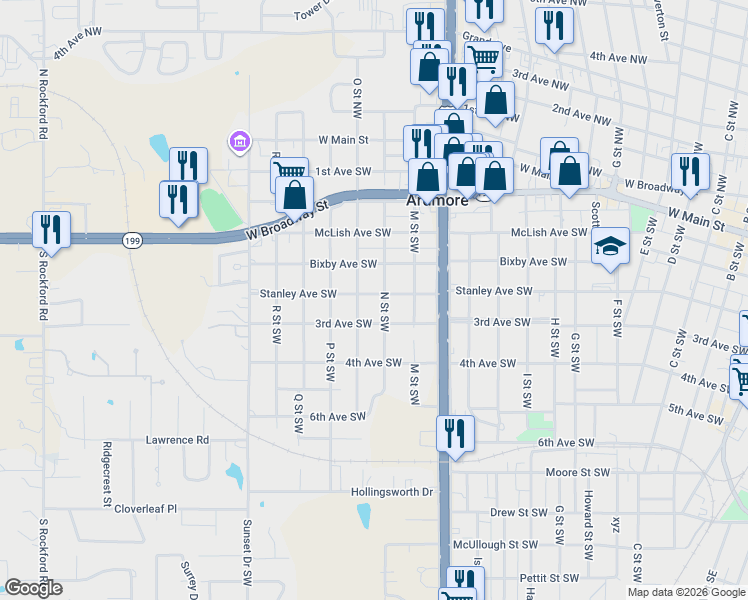 map of restaurants, bars, coffee shops, grocery stores, and more near 1323 3rd Avenue Southwest in Ardmore
