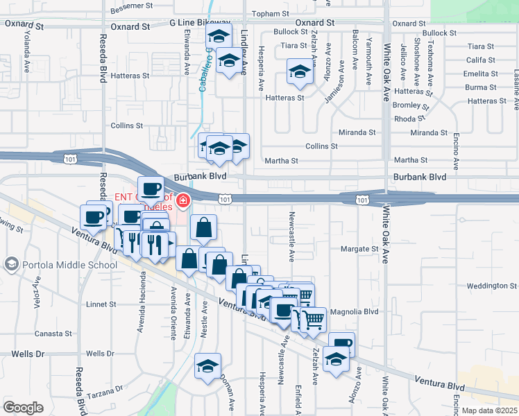 map of restaurants, bars, coffee shops, grocery stores, and more near 5500 Lindley Avenue in Los Angeles