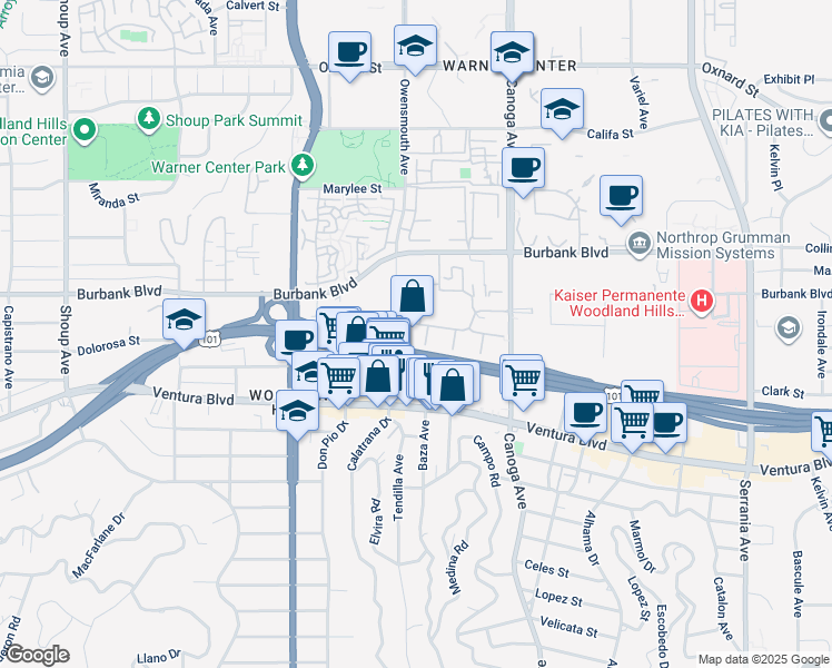 map of restaurants, bars, coffee shops, grocery stores, and more near 5500 Owensmouth Avenue in Los Angeles