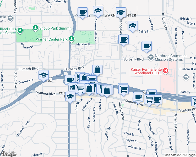 map of restaurants, bars, coffee shops, grocery stores, and more near 5500 Owensmouth Avenue in Los Angeles
