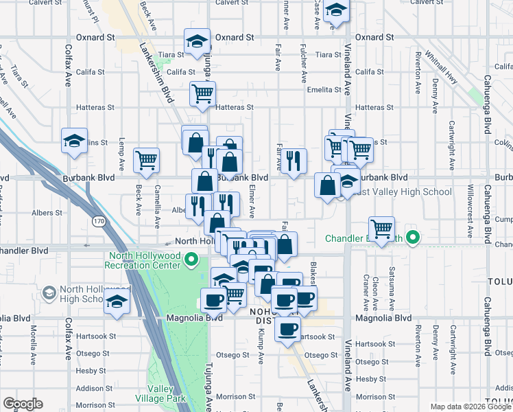 map of restaurants, bars, coffee shops, grocery stores, and more near 5524 Elmer Avenue in Los Angeles