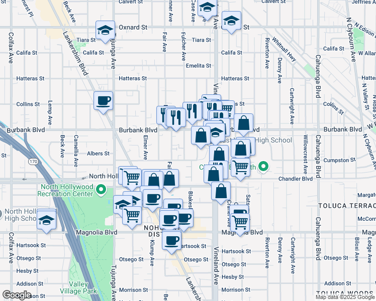 map of restaurants, bars, coffee shops, grocery stores, and more near 11103 Cumpston Street in Los Angeles