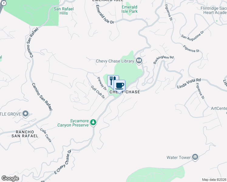 map of restaurants, bars, coffee shops, grocery stores, and more near 3067 East Chevy Chase Drive in Glendale