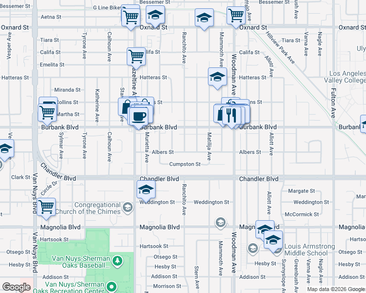 map of restaurants, bars, coffee shops, grocery stores, and more near 13854 Albers Street in Los Angeles