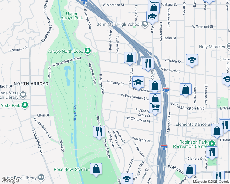 map of restaurants, bars, coffee shops, grocery stores, and more near 691 West Washington Boulevard in Pasadena