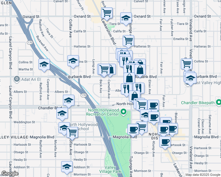map of restaurants, bars, coffee shops, grocery stores, and more near 5504 Camellia Avenue in Los Angeles