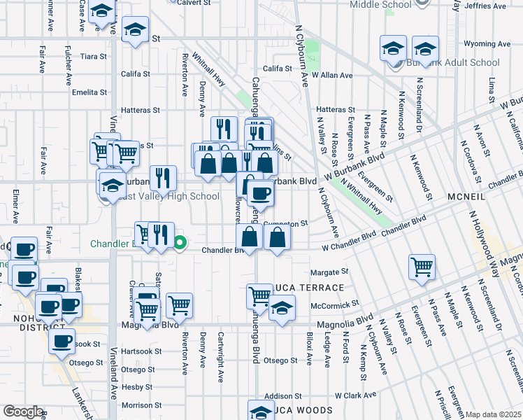 map of restaurants, bars, coffee shops, grocery stores, and more near 5439 Cahuenga Boulevard in Los Angeles