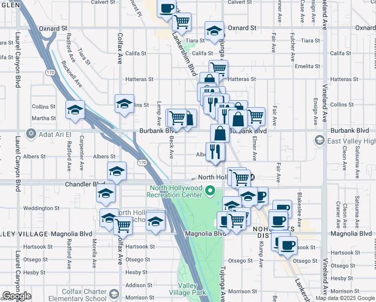 map of restaurants, bars, coffee shops, grocery stores, and more near 5504 Camellia Avenue in Los Angeles