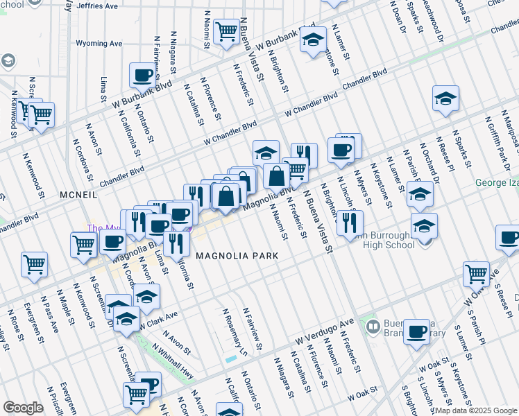 map of restaurants, bars, coffee shops, grocery stores, and more near 828 North Catalina Street in Burbank