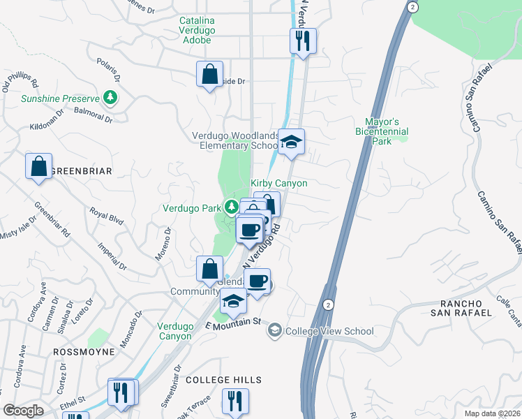 map of restaurants, bars, coffee shops, grocery stores, and more near 1611 The Midway Street in Glendale