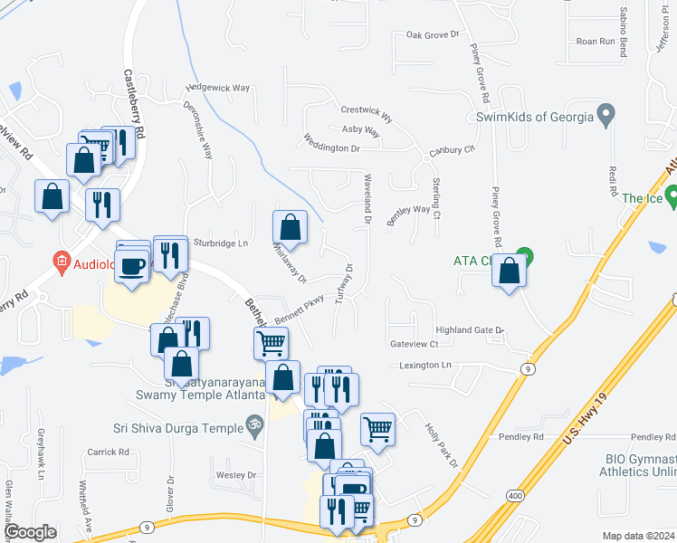 map of restaurants, bars, coffee shops, grocery stores, and more near 6120 Whirlaway Drive in Cumming