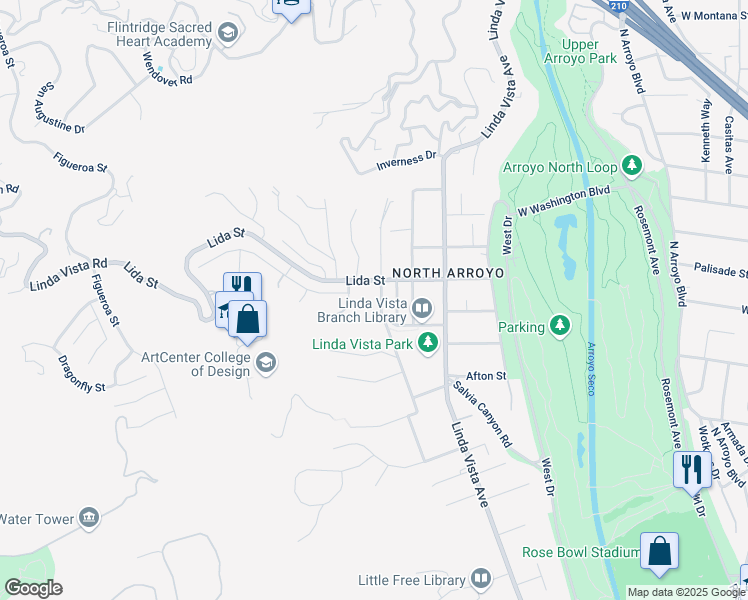 map of restaurants, bars, coffee shops, grocery stores, and more near 1445 Chamberlain Road in Pasadena