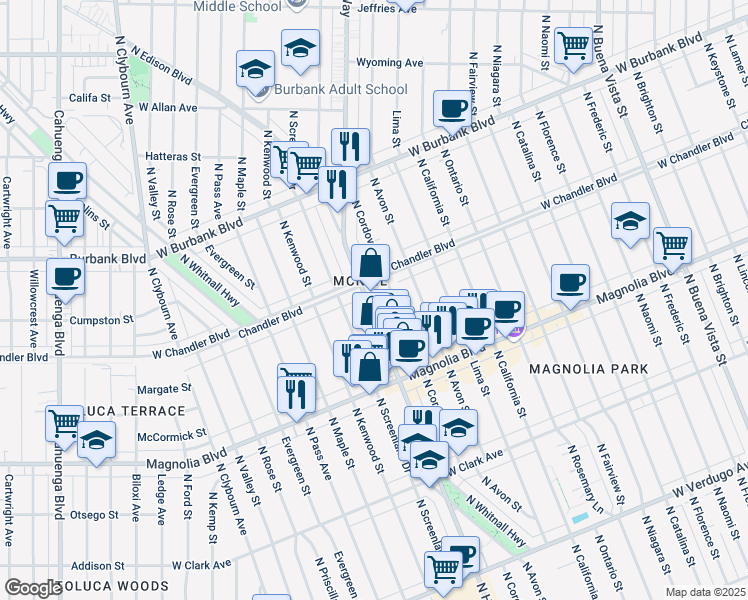 map of restaurants, bars, coffee shops, grocery stores, and more near 1117 North Hollywood Way in Burbank