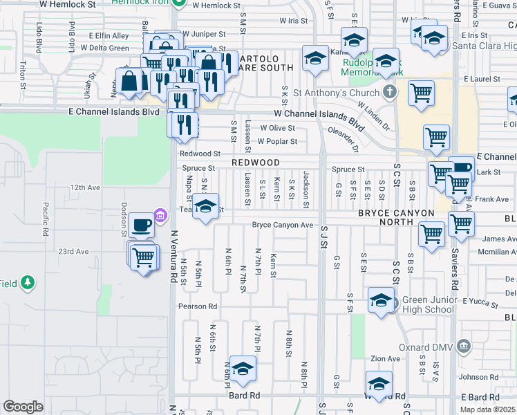 map of restaurants, bars, coffee shops, grocery stores, and more near 3147 South L Street in Oxnard