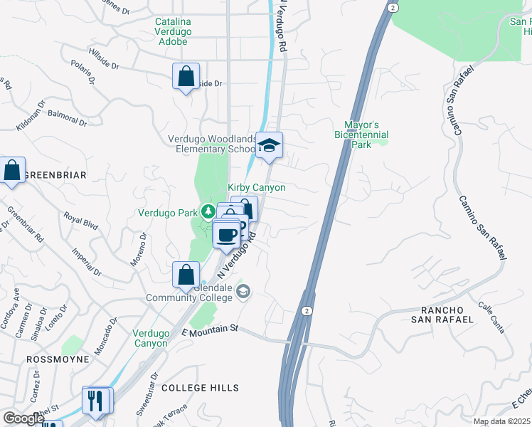 map of restaurants, bars, coffee shops, grocery stores, and more near 1616 North Verdugo Road in Glendale