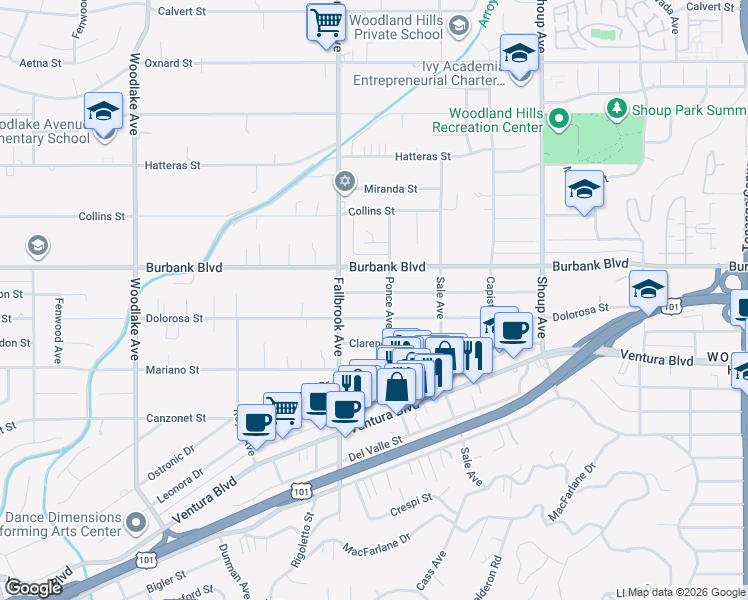 map of restaurants, bars, coffee shops, grocery stores, and more near 22716 Berdon Street in Los Angeles