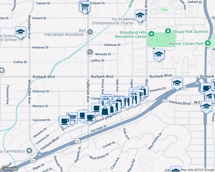 map of restaurants, bars, coffee shops, grocery stores, and more near 22642 Berdon Street in Los Angeles