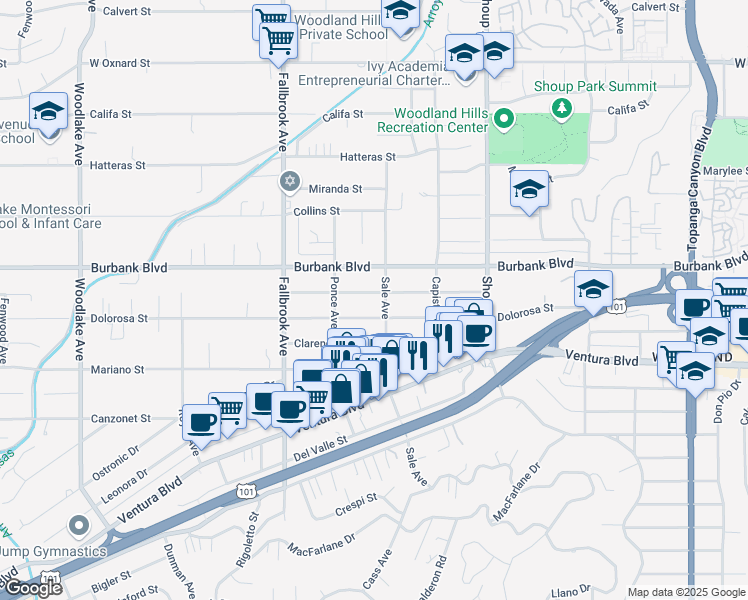 map of restaurants, bars, coffee shops, grocery stores, and more near 22612 Berdon Street in Los Angeles