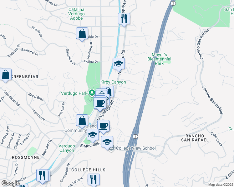 map of restaurants, bars, coffee shops, grocery stores, and more near 1616 North Verdugo Road in Glendale