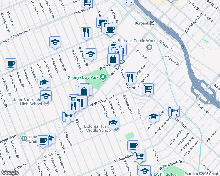 map of restaurants, bars, coffee shops, grocery stores, and more near 1103 West Angeleno Avenue in Burbank