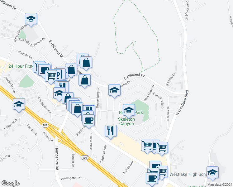 map of restaurants, bars, coffee shops, grocery stores, and more near 3224 North Blue Ridge Court in Thousand Oaks