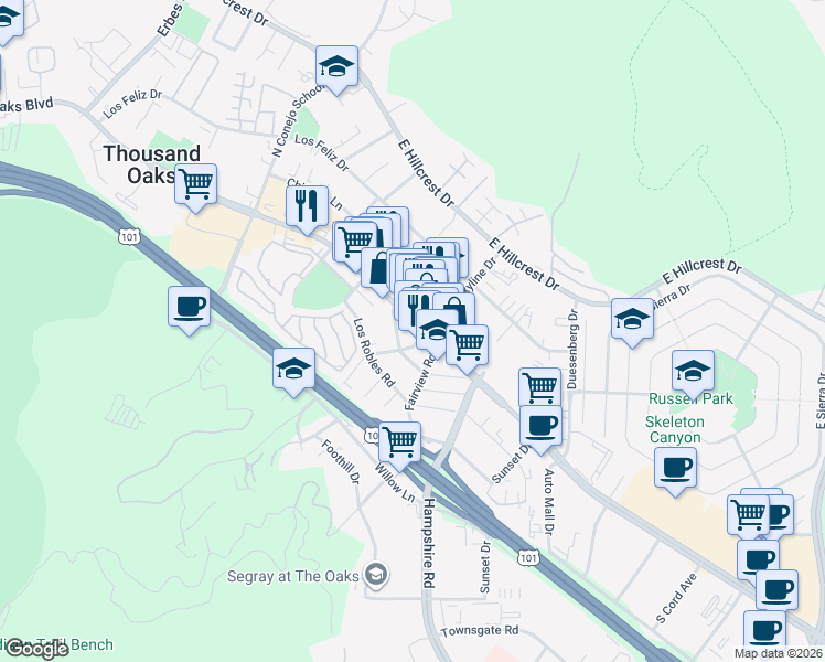 map of restaurants, bars, coffee shops, grocery stores, and more near 2860 Thousand Oaks Boulevard in Thousand Oaks