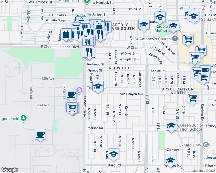 map of restaurants, bars, coffee shops, grocery stores, and more near 3 South M Street in Oxnard