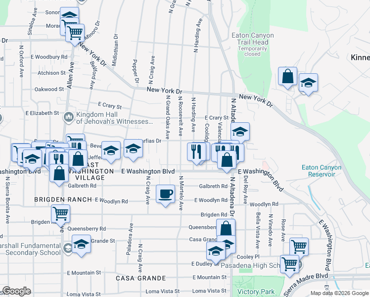map of restaurants, bars, coffee shops, grocery stores, and more near 1430 North Roosevelt Avenue in Pasadena