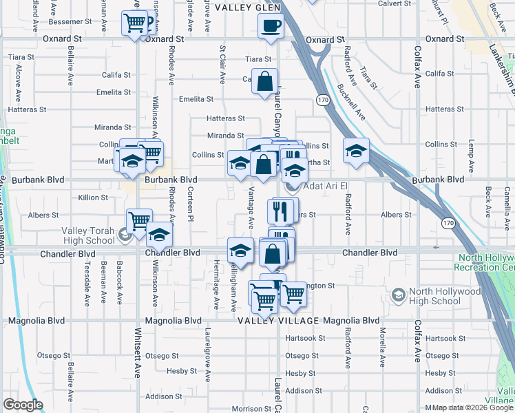 map of restaurants, bars, coffee shops, grocery stores, and more near 5512 Vantage Avenue in Los Angeles