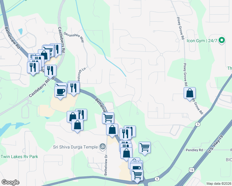 map of restaurants, bars, coffee shops, grocery stores, and more near 6300 Whirlaway Drive in Cumming