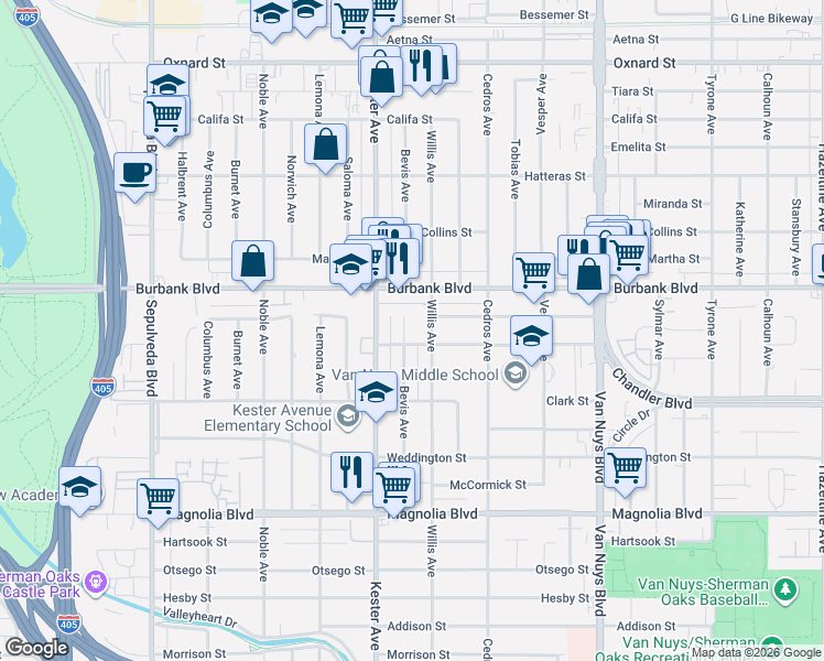 map of restaurants, bars, coffee shops, grocery stores, and more near 5512 Bevis Avenue in Los Angeles