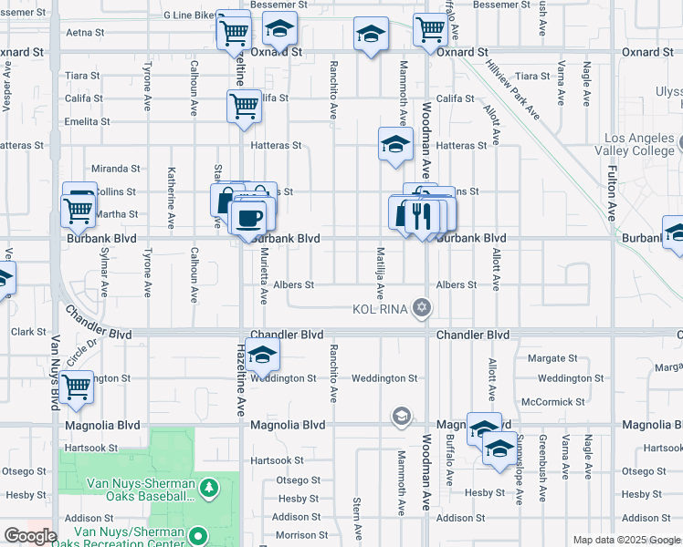 map of restaurants, bars, coffee shops, grocery stores, and more near 5512 Ranchito Avenue in Los Angeles