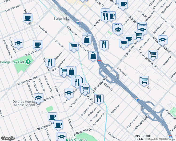 map of restaurants, bars, coffee shops, grocery stores, and more near 700 South Lake Street in Burbank