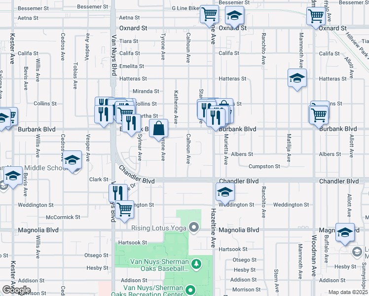 map of restaurants, bars, coffee shops, grocery stores, and more near 5515 Calhoun Avenue in Los Angeles
