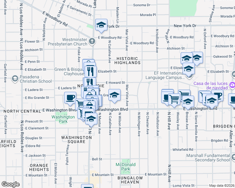 map of restaurants, bars, coffee shops, grocery stores, and more near 1478 North Wilson Avenue in Pasadena
