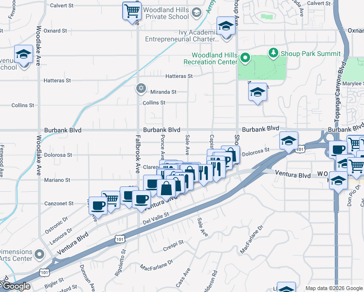 map of restaurants, bars, coffee shops, grocery stores, and more near 22612 Berdon Street in Los Angeles
